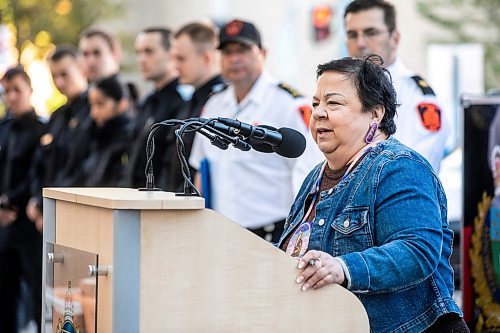 MIKAELA MACKENZIE / FREE PRESS

Residential school survivor Jennifer Wood speaks at the Winnipeg Police Service sacred fire lighting celebration on Monday, Sept. 29, 2025. 

For Tyler story.
Free Press 2025