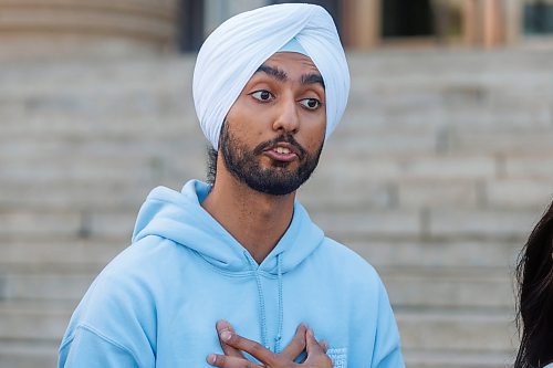 MIKE DEAL / FREE PRESS
Prabhnoor Singh, UMSU President, chats with media on the steps of the Legislative Building. 
The University of Manitoba Students&#x2019; Union held a rally at the Manitoba Legislative Building Wednesday afternoon calling on the provincial government to reinstate public healthcare coverage for international students in Manitoba.

Reporter: Maggie Macintosh
251001 - Wednesday, October 01, 2025.
