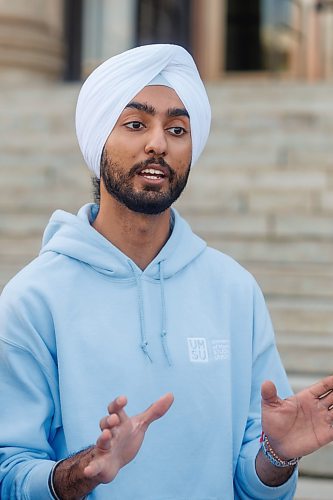 MIKE DEAL / FREE PRESS
Prabhnoor Singh, UMSU President, chats with media on the steps of the Legislative Building. 
The University of Manitoba Students&#x2019; Union held a rally at the Manitoba Legislative Building Wednesday afternoon calling on the provincial government to reinstate public healthcare coverage for international students in Manitoba.

Reporter: Maggie Macintosh
251001 - Wednesday, October 01, 2025.