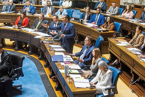 MIKE DEAL / FREE PRESS
Premier Wab Kinew speaks about the issue of harassment while NDP MLA&#x2019;s listen including Nahanni Fontaine (foreground), Minister of Families of Manitoba enters the assembly chamber on the first day of the second session of the 43rd legislature, Wednesday afternoon.
Reporter: Maggie Macintosh
251001 - Wednesday, October 01, 2025.
