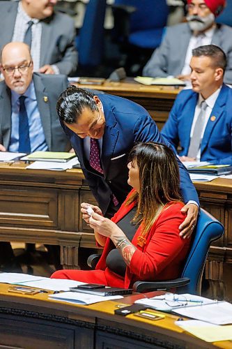 MIKE DEAL / FREE PRESS
Premier Wab Kinew checks in on how Minister Bernadette Smith (Point Douglas) is doing during the first day of the second session of the 43rd legislature, Wednesday afternoon.
Reporter: Maggie Macintosh
251001 - Wednesday, October 01, 2025.