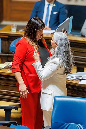 MIKE DEAL / FREE PRESS
Nahanni Fontaine (St. Johns) Minister of Families, and Bernadette Smith (Point Douglas) Minister of Housing, Addictions and Homelessness hug after QP during the first day of the second session of the 43rd legislature, Wednesday afternoon.
Reporter: Maggie Macintosh
251001 - Wednesday, October 01, 2025.