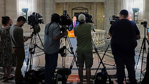MIKE DEAL / FREE PRESS
Premier Wab Kinew speaks to the media after Question Period during the first day of the second session of the 43rd legislature, Wednesday afternoon.
Reporter: Maggie Macintosh
251001 - Wednesday, October 01, 2025.
