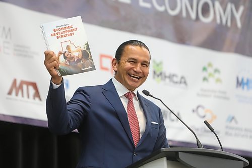 Mike Deal / Free Press
Premier Wab Kinew announces the release of Manitoba’s Economic Development Strategy during the Leaders forum on growing the economy being held at the Victoria Inn Thursday meeting.
20250925 - Thursday, September 25, 2025.