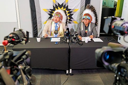 MIKE DEAL / FREE PRESS
Grand Chief of the Southern Chiefs&#039; Organization (SCO), Jerry Daniels (left), speaks during the press conference in support of Chief Dr. Stan Bird (right) efforts.
Chief Dr. Stan Bird of Peguis First Nation calls for the immediate termination of the coordination agreement that governs child and family services (CFS) in his community, citing grave risks to the safety and well-being of children and families, during a press conference Friday morning at the Southern Chiefs&#x2019; Organization (SCO) offices.
Grand Chief of the Southern Chiefs&#039; Organization (SCO), Jerry Daniels, was on hand to support Chief Dr. Stan Bird. 
Reporter: Nicole Buffie
251003 - Friday, October 03, 2025.