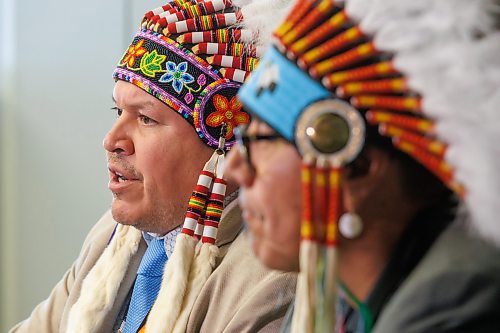 MIKE DEAL / FREE PRESS
Grand Chief of the Southern Chiefs&#039; Organization (SCO), Jerry Daniels (left), speaks during the press conference in support of Chief Dr. Stan Bird (right) efforts.
Chief Dr. Stan Bird of Peguis First Nation calls for the immediate termination of the coordination agreement that governs child and family services (CFS) in his community, citing grave risks to the safety and well-being of children and families, during a press conference Friday morning at the Southern Chiefs&#x2019; Organization (SCO) offices.
Grand Chief of the Southern Chiefs&#039; Organization (SCO), Jerry Daniels, was on hand to support Chief Dr. Stan Bird. 
Reporter: Nicole Buffie
251003 - Friday, October 03, 2025.