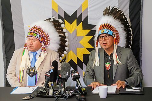 MIKE DEAL / FREE PRESS
Chief Dr. Stan Bird (right) of Peguis First Nation calls for the immediate termination of the coordination agreement that governs child and family services (CFS) in his community, citing grave risks to the safety and well-being of children and families, during a press conference Friday morning at the Southern Chiefs&#x2019; Organization (SCO) offices.
Grand Chief of the Southern Chiefs&#039; Organization (SCO), Jerry Daniels (left), was on hand to support Chief Dr. Stan Bird. 
Reporter: Nicole Buffie
251003 - Friday, October 03, 2025.