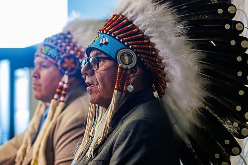 MIKE DEAL / FREE PRESS
Chief Dr. Stan Bird (right) of Peguis First Nation calls for the immediate termination of the coordination agreement that governs child and family services (CFS) in his community, citing grave risks to the safety and well-being of children and families, during a press conference Friday morning at the Southern Chiefs&#x2019; Organization (SCO) offices.
Grand Chief of the Southern Chiefs&#039; Organization (SCO), Jerry Daniels (left), was on hand to support Chief Dr. Stan Bird. 
Reporter: Nicole Buffie
251003 - Friday, October 03, 2025.