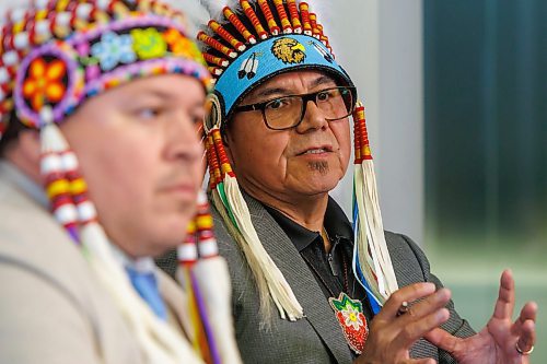MIKE DEAL / FREE PRESS
Chief Dr. Stan Bird (right) of Peguis First Nation calls for the immediate termination of the coordination agreement that governs child and family services (CFS) in his community, citing grave risks to the safety and well-being of children and families, during a press conference Friday morning at the Southern Chiefs&#x2019; Organization (SCO) offices.
Grand Chief of the Southern Chiefs&#039; Organization (SCO), Jerry Daniels (left), was on hand to support Chief Dr. Stan Bird. 
Reporter: Nicole Buffie
251003 - Friday, October 03, 2025.