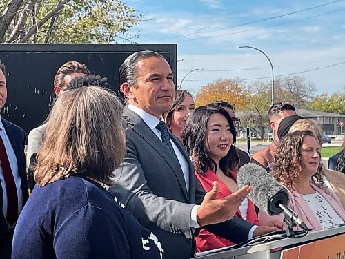 Ruth Bonneville / Free Press
LOCAL - Kinew/ Victoria hospital
Premier Wab Kinew answers questions from the media after the provinces announcement on turning Victoria Urgent Care back into an Emergency Hospital outside the Urgent Care entrance at the Victoria Hospital Friday.
Also present at the announcement:
Health, Seniors and Long-Term Care Minister Uzoma Asagwara (rear)
Brenda Catchpole, interim chief operating officer, Victoria Hospital (left Iin blue), along with other MLA’s outside the Urgent Care entrance at the Victoria Hospital Friday.
Oct 3rd,, 2025
