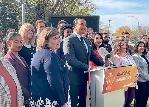 Ruth Bonneville / Free Press
LOCAL - Kinew/ Victoria hospital
Premier Wab Kinew answers questions from the media after the provinces announcement on turning Victoria Urgent Care back into an Emergency Hospital outside the Urgent Care entrance at the Victoria Hospital Friday.
Also present at the announcement:
Health, Seniors and Long-Term Care Minister Uzoma Asagwara (rear)
Brenda Catchpole, interim chief operating officer, Victoria Hospital (left Iin blue), along with other MLA’s outside the Urgent Care entrance at the Victoria Hospital Friday.
Oct 3rd,, 2025