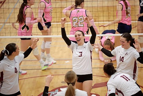 03102025
Assiniboine College Cougars players celebrate a point during their exhibition volleyball match against Briercrest College at AC on Friday evening.
(Tim Smith/The Brandon Sun)