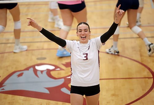 03102025
Heather Brost #3 of the Assiniboine College Cougars celebrates a point during the Cougars exhibition match against Briercrest College at AC on Friday evening.
(Tim Smith/The Brandon Sun)