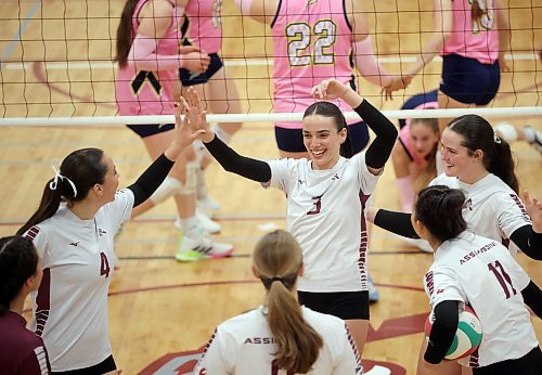 03102025
Assiniboine College Cougars players celebrate a point during their exhibition volleyball match against Briercrest College at AC on Friday evening.
(Tim Smith/The Brandon Sun)