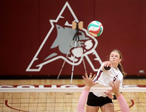 03102025
Payton McNish #9 of the Assiniboine College Cougars puts the ball over the net during the Cougars exhibition match against Briercrest College at AC on Friday evening. 
(Tim Smith/The Brandon Sun)