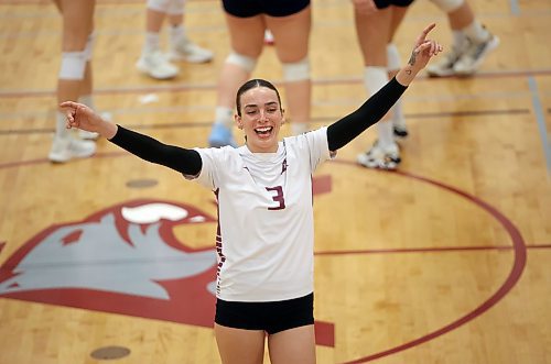 03102025
Heather Brost #3 of the Assiniboine College Cougars celebrates a point during the Cougars exhibition match against Briercrest College at AC on Friday evening. 
(Tim Smith/The Brandon Sun)