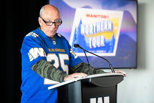 MIKAELA MACKENZIE / FREE PRESS
Travel Manitoba president and CEO Colin Ferguson speaks at a Grey Cup festival announcement at Princess Auto Stadium on Monday, Oct. 6, 2025.
For sports story.
Free Press 2025