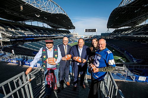 MIKAELA MACKENZIE / FREE PRESS

MMF minister of youth and sport Richard Genaille (left), mayor Scott Gillingham, Winnipeg Football Club president and CEO Wade Miller, minister of education Tracy Schmidt, and Travel Manitoba president and CEO Colin Ferguson at a Grey Cup festival announcement at Princess Auto Stadium on Monday, Oct. 6, 2025. 

For sports story.
Free Press 2025