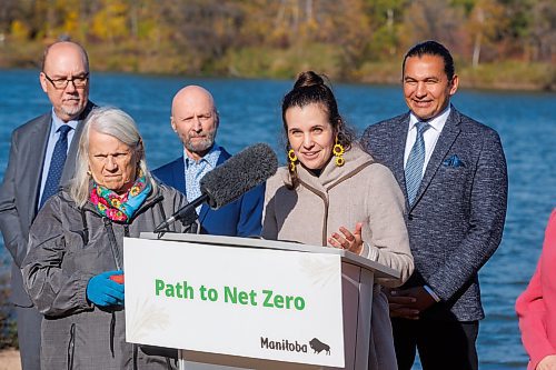MIKE DEAL / FREE PRESS
Brigette DePape, a writer and climate activist, hosts the Path to Net Zero announcement. 
Premier Wab Kinew along with Environment and Climate Change Minister Mike Moyes unveil Manitoba&#x2019;s Path to Net Zero during an event at Fort Whyte Alive, 2505 McGillivray Blvd. Monday morning.
Reporter: JS Rutgers
251006 - Monday, October 06, 2025.