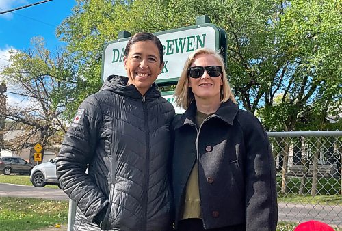 Ruth Bonneville / Free Press
LOCAL STDUP - Dawn McEwen Park
Photo of Dawn McEwen with long-time teammate Jill Officer at the renaming of Dawn McEwen Park in Winnipeg on Oct. 7, 2025
A Winnipeg park has been named to honour a Olympic gold medal curler Dawn McEwen at what once was Winnipeg’s Berkley Square Park in Charleswood during a small ceremony Tuesday morning.
Dawn Kathleen McEwen is a Canadian semi-retired curler from Winnipeg, Manitoba. McEwen is a two-time world champion in curling, having won with Jones at the 2008 World Championships and again at the 2018 World Championships. In 2019, McEwen was named the greatest Canadian female lead in history in a TSN poll of broadcasters, reporters and top curlers.
Oct 07, 2025