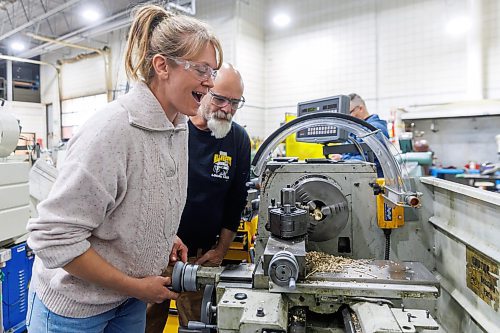 MIKE DEAL / FREE PRESS
Samantha Law makes a brass ring on a lathe while being supervised by Industrial Mechanic / Millwright instructor, Mike Williams during the MITT LauncHER into Trades event where women who are 18 and older have an opportunity to explore the trades at the MITT Henlow Bay campus.
251008 - Wednesday, October 08, 2025.