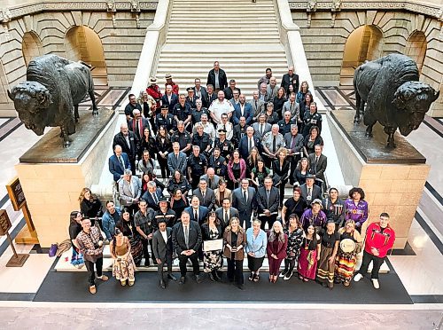 Ruth Bonneville / Free Press 
LOCAL - Order of the Buffalo Hunt Group photo
Premier Wab Kinew is in the centre of a large group of heroes for their emergency work they did during the Manitoba Wildfires this past summer. 
A special presentation for the  Order of the Buffalo Hunt was presented earlier to Kristin Hayward, assistant deputy minister for the Manitoba Wildfire Service, and Christine Stevens, assistant deputy minister for the Manitoba Emergency Management Organization, stand in the centre of the front row respectively with the group of heroes on the stairs of the Manitoba Legislative Building Thursday. 
Hayward and Stevens, are two of  Manitoba’s top emergency leaders that were recognized for guiding the province through one of its most difficult wildfire seasons in recent years.
Oct 09, 2025