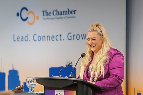 MIKE DEAL / FREE PRESS
Amanda Buhse, the new chair of the Winnipeg Chamber of Commerce, during the Chamber&#x2019;s AGM being held at The Inn at The Forks, Thursday.
Reporter: AV Kitching
251009 - Thursday, October 09, 2025.