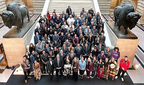 Ruth Bonneville / Free Press 
LOCAL - Order of the Buffalo Hunt Group photo
Premier Wab Kinew is in the centre of a large group of heroes for their emergency work they did during the Manitoba Wildfires this past summer. 
A special presentation for the  Order of the Buffalo Hunt was presented earlier to Kristin Hayward, assistant deputy minister for the Manitoba Wildfire Service, and Christine Stevens, assistant deputy minister for the Manitoba Emergency Management Organization, stand in the centre of the front row respectively with the group of heroes on the stairs of the Manitoba Legislative Building Thursday. 
Hayward and Stevens, are two of  Manitoba’s top emergency leaders that were recognized for guiding the province through one of its most difficult wildfire seasons in recent years.
Oct 09, 2025