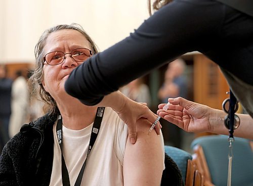 Ruth Bonneville / Free Press 
LOCAL - vaccine clinic 
Lise Labelle gets a vaccine  at Acorn Family Place Tuesday. 
The WRHA holds media event with Dr. Bunmi Fatoye, WRHAMedical Officer of Health on vaccines at Acorn Family Place on Tuesday.
Oct 14, 2025