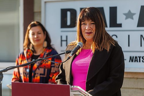 MIKE DEAL / FREE PRESS
Federal Minister Rebecca Chartrand (left), MP Kevin Lamoureux (not pictured), along with Provincial Housing Minister Bernadette Smith (right), made a housing announcement Tuesday morning at Dial-A-Life Housing, 140 Watson Street. A total of $9 million in combined funding to help repair 738 secure, affordable rental homes across Manitoba. The repairs will extend the life of existing affordable housing units located across the province.
Dial-A-Life provides affordable housing for First Nations patients needing ongoing medical treatment.
Reporter: Nicole Buffie
251014 - Tuesday, October 14, 2025.