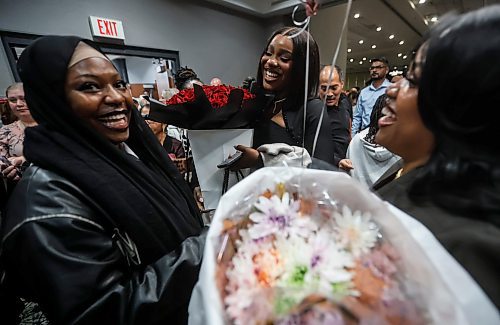 JOHN WOODS / FREE PRESS
Ifunanya Nwannemelu, centre, celebrates with her friends Faridat Yusuf, left, and Karen Christopher after she received her graduating pin during the RRC Polytech bachelor of nursing graduates pinning ceremony Tuesday, October 14, 2025 at the Victoria Inn.

Reporter: ?
