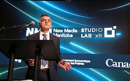 Ruth Bonneville / Free Press
BIZ - Ai funding
Photo of New Media Manitoba Executive Director, Louie Ghiz, speaking about how new funding for AI Innovation will affect their business at the new funding announcement Wednesday.
MP Ginette Lavack, announces support from the Government of Canada for AI innovation and Manitoba’s tech sector at event at New Media Manitoba studio.
Oct 15, 2025
