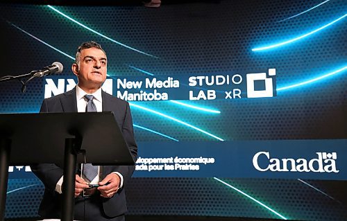 Ruth Bonneville / Free Press
BIZ - Ai funding
Photo of New Media Manitoba Executive Director, Louie Ghiz, speaking about how new funding for AI Innovation will affect their business at the new funding announcement Wednesday.
MP Ginette Lavack, announces support from the Government of Canada for AI innovation and Manitoba’s tech sector at event at New Media Manitoba studio.
Oct 15, 2025