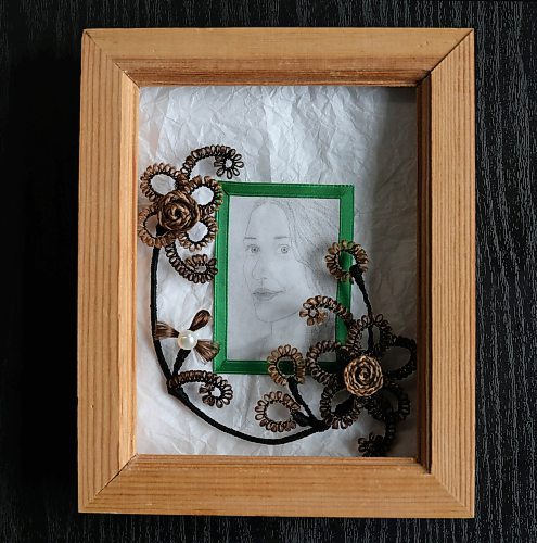 Ruth Bonneville / Free Press
49.8 - Creators
Photo of a frame of a collage of her work.
Local artist, Sandra Klowak with Corporeal Curios, who creates artwork from hair, in her studio with samples of her work.
Story: Sandra Klowak creates artwork from hair for clients who donate hair of their loved ones who have died. It’s a form of sculpture which originated in the Victorian era.
Klowak has recently begun incorporating teeth – donated from friends and family members – into her personal artwork.
Oct 15, 2025