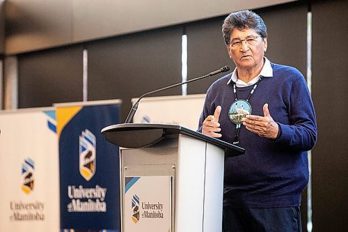 MIKAELA MACKENZIE / FREE PRESS
Ovide Mercredi speaks at an event celebrating 50 years of Indigenous Studies at the University of Winnipeg on Wednesday, Oct. 15, 2025.
For Marsha story.
Free Press 2025