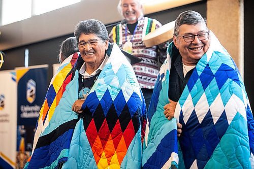 MIKAELA MACKENZIE / FREE PRESS

Ovide Mercredi (left) and Moses Okimaw at an event celebrating 50 years of Indigenous Studies at the University of Winnipeg on Wednesday, Oct. 15, 2025.

For Marsha story.
Free Press 2025