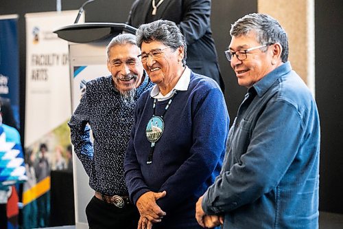 MIKAELA MACKENZIE / FREE PRESS

Edwin Jebb (left), Ovide Mercredi, and Moses Okimaw at an event celebrating 50 years of Indigenous Studies at the University of Winnipeg on Wednesday, Oct. 15, 2025.

For Marsha story.
Free Press 2025