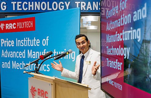 MIKE DEAL / FREE PRESS
Dr. Vikram Banthia, Director, Price Institute of Advanced Manufacturing and Mechatronics, RRC Polytech speaks during the unveiling of the new Centre for Automation and Manufacturing Technology Transfer (CAMTT Collaborative Workspace). The large workspace is within the Price Institute of Advanced Manufacturing and Mechanics at the RRC Polytech Notre Dame Campus.
Reporter: 
251016 - Thursday, October 16, 2025.