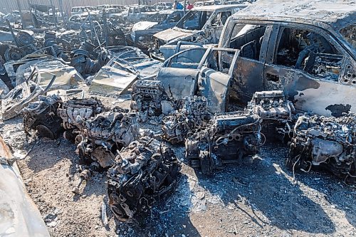 MIKE DEAL / FREE PRESS
Burnt engines and doors that were being collected for resale.
Hundreds of burnt out cars sit in a lot at 568 Gunn Road, destroyed by a grassfire that ravaged several businesses in North Transcona on Monday.
Reporter: Nicole Buffie
250513 - Tuesday, May 13, 2025.