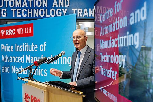 MIKE DEAL / FREE PRESS
Fred Meier, President and CEO, RRC Polytech speaks during the unveiling of the new Centre for Automation and Manufacturing Technology Transfer (CAMTT Collaborative Workspace). The large workspace is within the Price Institute of Advanced Manufacturing and Mechanics at the RRC Polytech Notre Dame Campus.
Reporter: 
251016 - Thursday, October 16, 2025.