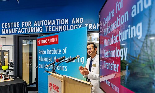MIKE DEAL / FREE PRESS
Dr. Vikram Banthia, Director, Price Institute of Advanced Manufacturing and Mechatronics, RRC Polytech speaks during the unveiling of the new Centre for Automation and Manufacturing Technology Transfer (CAMTT Collaborative Workspace). The large workspace is within the Price Institute of Advanced Manufacturing and Mechanics at the RRC Polytech Notre Dame Campus.
Reporter:
251016 - Thursday, October 16, 2025.