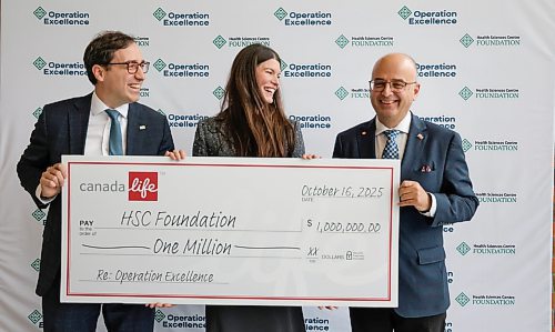 Ruth Bonneville / Free Press
LOCAL STDUP - HSC donation / Canada Life
Photo of Fabrice Morin, President & COO Canada, Canada Life (left) Katie Hall Hursh, Emcee and Chair, HSC Foundation Board of Directors and Dr. Chris Christodoulou, Interim President and Chief Executive Officer, at the announcement of $1 million donation by Canada Life at John Buhler Atrium, Health Sciences Centre Winnipeg Thursday.
Health Sciences Centre (HSC) Foundation announces $1 million donation from Canada Life in support of its Operation Excellence campaign; a multi-year initiative focused on transforming surgical care in Manitoba through innovation, technology, and improved equity in health outcomes. The announcement highlighted Canada Life’s leadership as a Corporate Challenge partner and its commitment to improving health care access for all Manitobans.
Oct 15, 2025