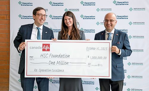 Ruth Bonneville / Free Press
LOCAL STDUP - HSC donation / Canada Life
Photo of Fabrice Morin, President & COO Canada, Canada Life (left) Katie Hall Hursh, Emcee and Chair, HSC Foundation Board of Directors and Dr. Chris Christodoulou, Interim President and Chief Executive Officer, at the announcement of $1 million donation by Canada Life at John Buhler Atrium, Health Sciences Centre Winnipeg Thursday.
Health Sciences Centre (HSC) Foundation announces $1 million donation from Canada Life in support of its Operation Excellence campaign; a multi-year initiative focused on transforming surgical care in Manitoba through innovation, technology, and improved equity in health outcomes. The announcement highlighted Canada Life’s leadership as a Corporate Challenge partner and its commitment to improving health care access for all Manitobans.
Oct 15, 2025