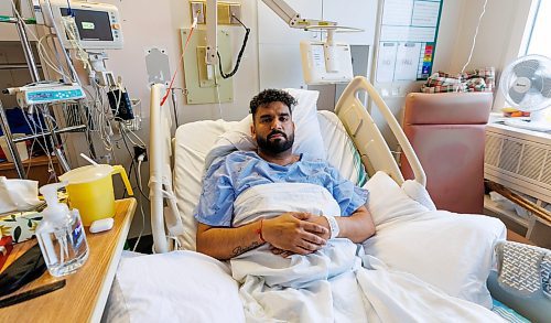 MIKE DEAL / FREE PRESS
Recovering in hospital, Rajan Dhalla, 33, was shot seven times, last week, in the legs during a brazen theft at his home-based jewelry business.
Reporter: Tyler Searle
251017 - Friday, October 17, 2025.