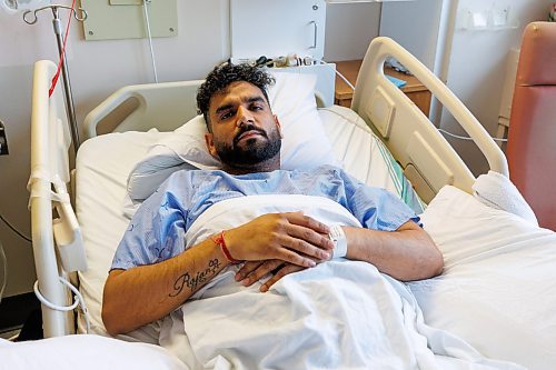 MIKE DEAL / FREE PRESS
Recovering in hospital, Rajan Dhalla, 33, was shot seven times, last week, in the legs during a brazen theft at his home-based jewelry business.
Reporter: Tyler Searle
251017 - Friday, October 17, 2025.