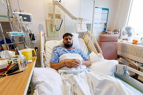 MIKE DEAL / FREE PRESS
Recovering in hospital, Rajan Dhalla, 33, was shot seven times, last week, in the legs during a brazen theft at his home-based jewelry business. 
Reporter: Tyler Searle
251017 - Friday, October 17, 2025.