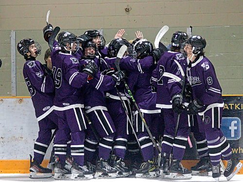 The Vincent Massey Vikings celebrate after sweeping their home-and-home series against the Crocus Plainsmen. (Massimo De Luca-Taronno/The Brandon Sun)