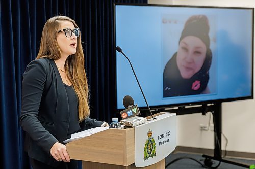 Sgt. Morgan Page of Manitoba RCMP major crime services announces charges have been laid in the disappearance and murder of Melinda Lynxleg during a press conference at RCMP “D” Division headquarters in Winnipeg on Monday. (Mike Deal/Winnipeg Free Press)