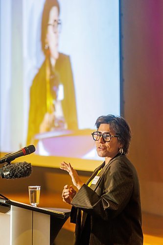 MIKE DEAL / FREE PRESS
Katarina Kupca, Chair of the Manitoba Arts Council, speaks at the event where the organization released an arts and culture economic impact study and poll during its annual public meeting held at the Canadian Museum for Human Rights on Monday.
Reporter: Eva Wasney
251020 - Monday, October 20, 2025.