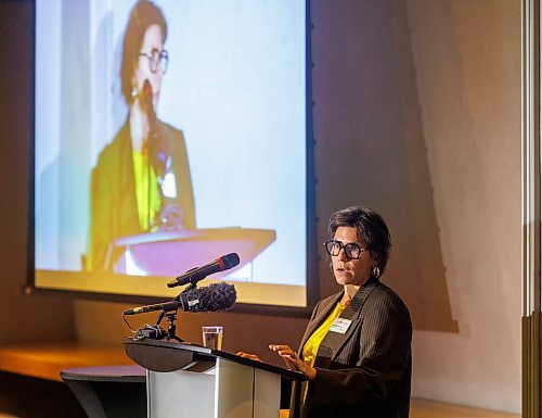 MIKE DEAL / FREE PRESS
Katarina Kupca, Chair of the Manitoba Arts Council, speaks at the event where the organization released an arts and culture economic impact study and poll during its annual public meeting held at the Canadian Museum for Human Rights on Monday.
Reporter: Eva Wasney
251020 - Monday, October 20, 2025.